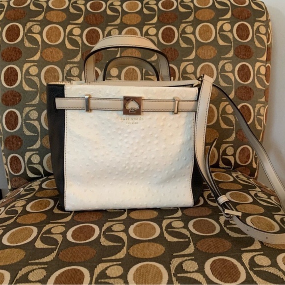 kate spade White and Black Textured Leather Satchel with Strap
